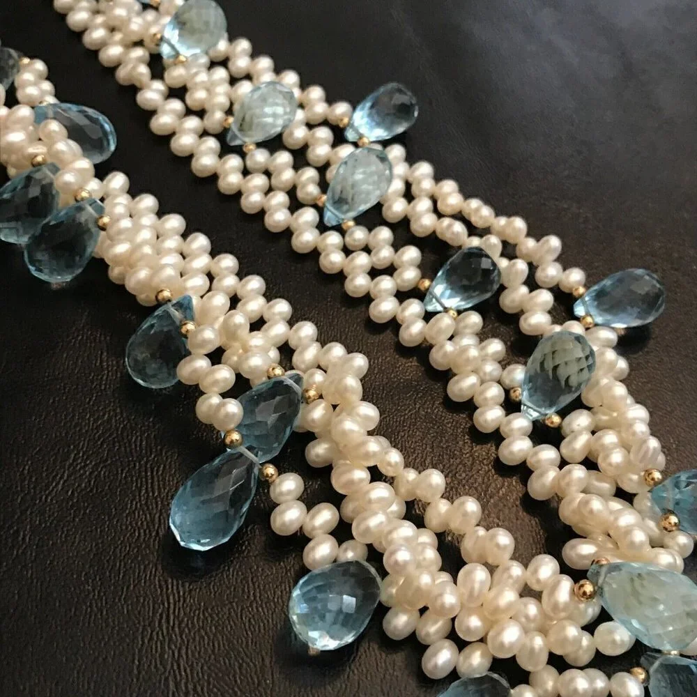 Genuine Multi-Strand Real Pearl Blue Faceted Crystal 14k Solid Gold Necklace